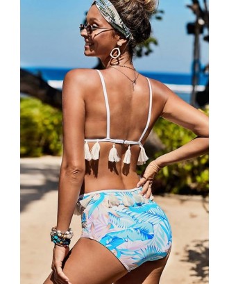 Light-blue Tropical Print Hollow Out Tassels Splicing Sexy Bikini