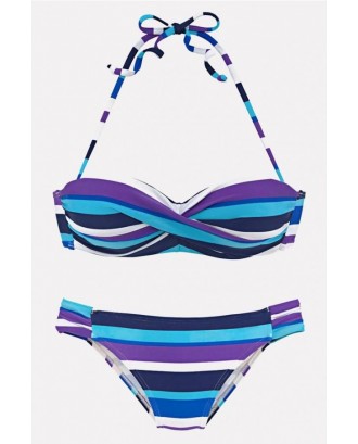 Purple Stripe Print Halter Spaghetti Straps Sexy Bikini