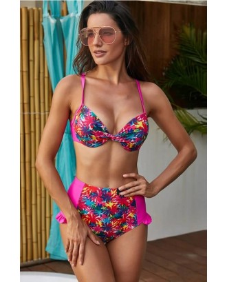 Hot-pink Tropical Print Ruffles Trim Spaghetti Straps Sexy Bikini