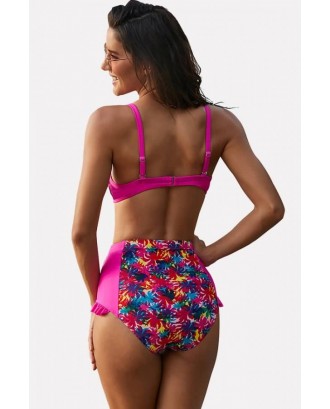 Hot-pink Tropical Print Ruffles Trim Spaghetti Straps Sexy Bikini
