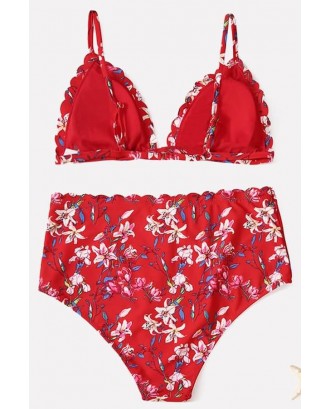 Red Floral Print Scallop Padded Sexy Bikini