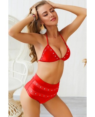 Red Halter Rhinestone Mesh Splicing Triangle Sexy Bikini