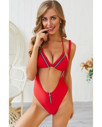 Red Zipper Halter Triangle Thong Sexy Bikini Swimsuit
