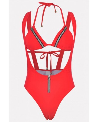 Red Zipper Halter Triangle Thong Sexy Bikini Swimsuit