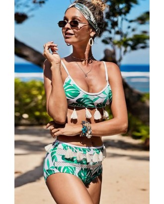 Green Tropical Print Hollow Out Tassels Splicing Sexy Bikini