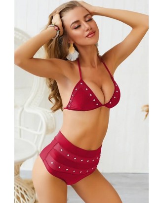 Dark-red Halter Rhinestone Mesh Splicing Triangle Sexy Bikini