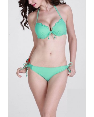 Flouncing Halter Style Side Tie Two Piece Swimsuit