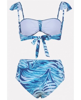 Light-blue Leaf Print Knotted Tied Back High Waist Sexy Bikini
