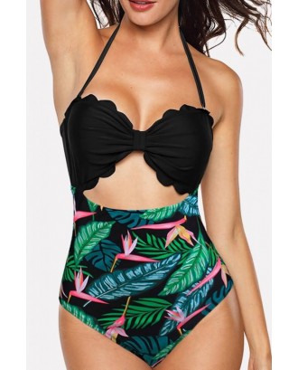 Green Tropical Print Halter Cutout Sexy One Piece Swimsuit