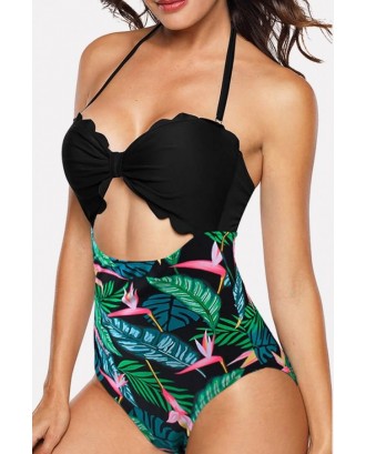 Green Tropical Print Halter Cutout Sexy One Piece Swimsuit