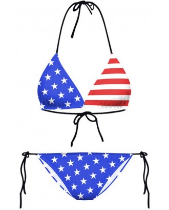 Blue American Flag Print Halter Bikini Swimsuit