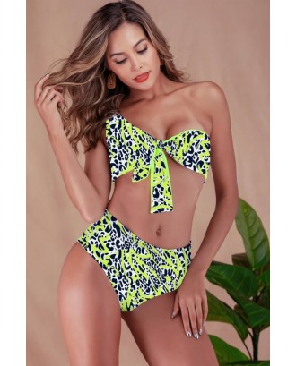 Light-green Neon Leopard Knotted One Shoulder Padded Sexy Bikini