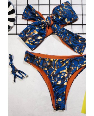 Dark-blue Printed Knotted Padded High Cut Sexy Bikini
