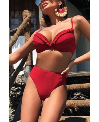 Red Ruffles Trim Push Up High Waist Cheeky Sexy Bikini