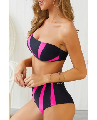 Hot-pink Patchwork Bandeau Padded High Waist Sexy Bikini