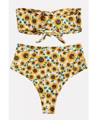 Yellow Sunflower Print Knotted Bandeau Cheeky Sexy Bikini Swimsuit