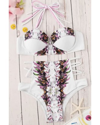 Pink Floral Print Push Up Strappy High Waist Sexy Bikini Swimsuit