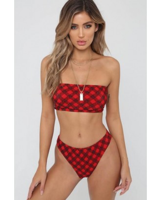 Red Plaid Bandeau Padded Cheeky Sexy Bikini