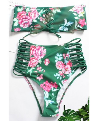 Floral Print Lace Up Strappy Bandeau High Waist Sexy Bikini