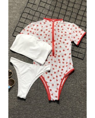 White Heart Print Padded Bandeau Sexy One Piece Swimsuit