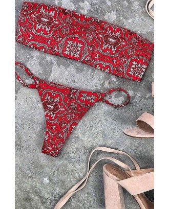 Red Tribal Print Spaghetti Straps Thong Skimpy Sexy Bikini