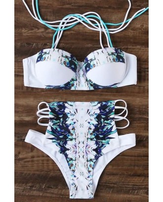 Blue Floral Print Push Up Strappy High Waist Sexy Bikini Swimsuit