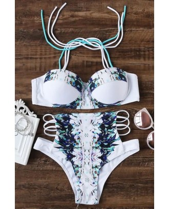Blue Floral Print Push Up Strappy High Waist Sexy Bikini Swimsuit