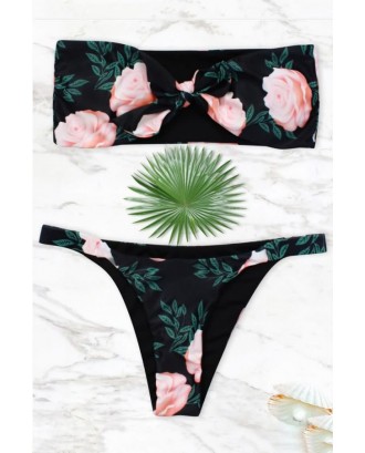 Floral Print Knotted Bandeau Skimpy Thong Sexy Bikini