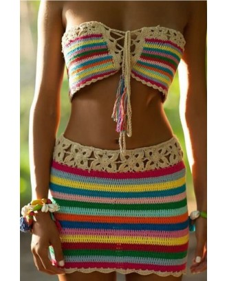 Multi Lace Up Crochet Bandeau Skirted Sexy Two Piece Swimsuit