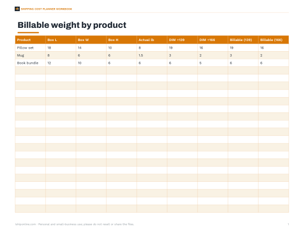 Preview of Printable Shipping Cost Comparison Workbook